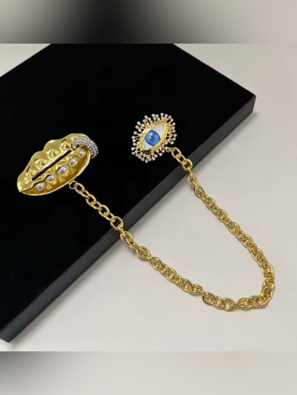Schiaparelli Inspired Gold-Tone Blue Eye & Pearl Double Chain Brooch